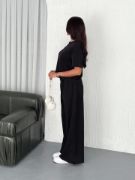 Osy Modal Yumuşak Dokulu Kumaş Bisiklet Yaka T-shirt Bol Paça Pantalon Ikili Takım -Siyah resmi